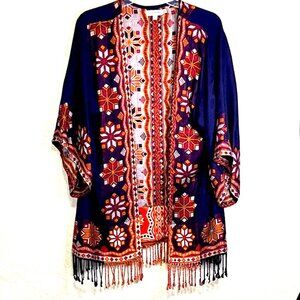 TIME FOR ME Aztec Print Cardigan with Fring Blue/Red Oversized Boho Size S/M